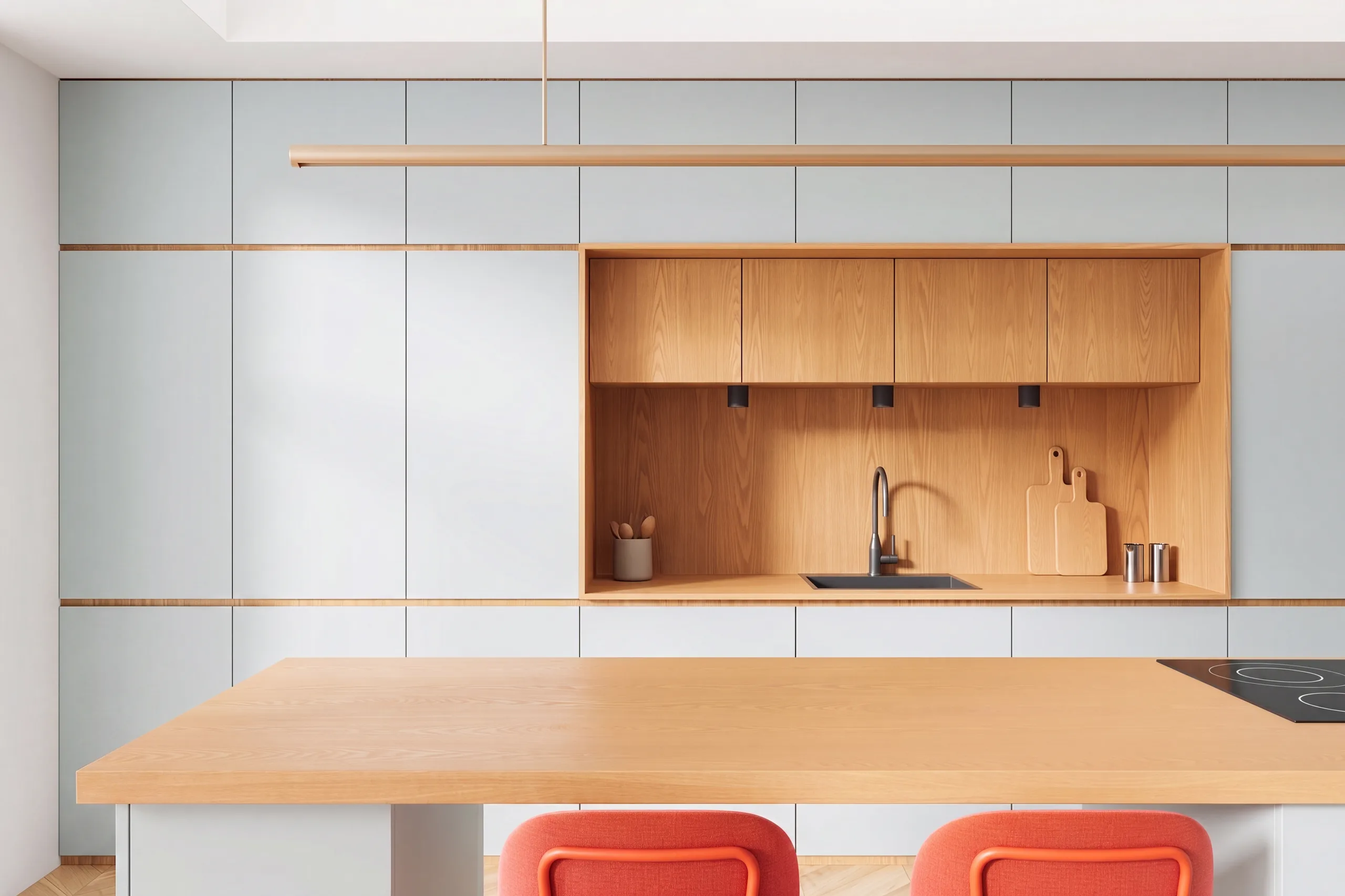 Modular Rubino kitchen with a walnut open-shelf niche and cream cabinet fronts